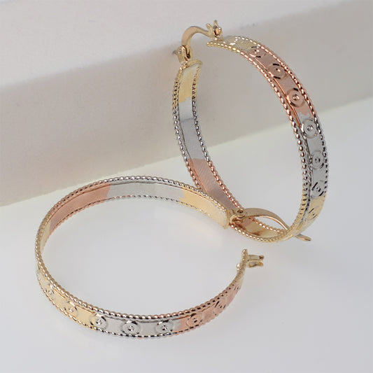 Aretes Tipo Candonga Astros Tono Tres Oros Díametro 35mm - Baño Oro 18K