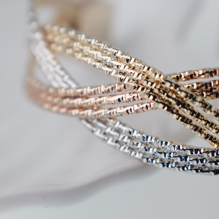 Brazalete Pulsera Entrelazado 3 Hilos Grosor 13mm Tres Oros - Baño 18K