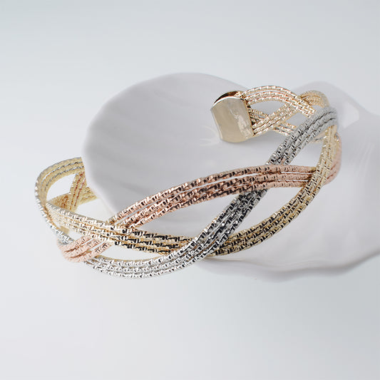 Brazalete Pulsera Entrelazado 3 Hilos Grosor 13mm Tres Oros - Baño 18K