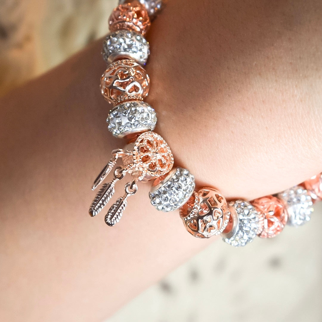 Pulsera Tono Oro Rosa con Charms y Zircones - Acero