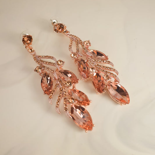 Aretes Largos Hojas con Cristales Translucidos - Tono Rubi