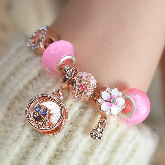 Pulsera Rosa con Charms Buho - Acero