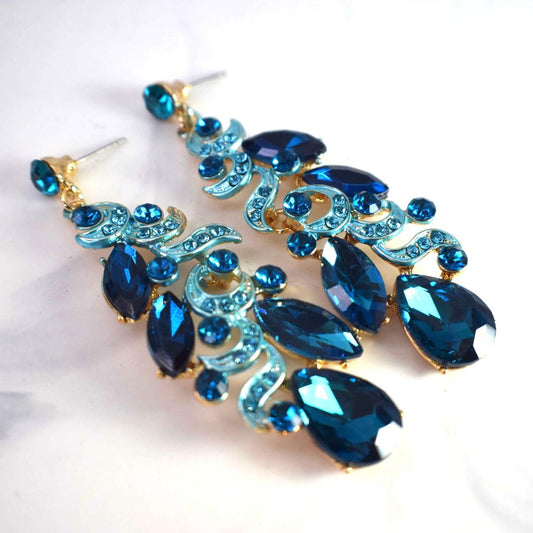 Aretes Largos Petalos con Cristales Translucidos - Azul Profundo