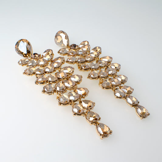 Aretes Largos Lluvia de Cristal Translucidos - Tono Dorado