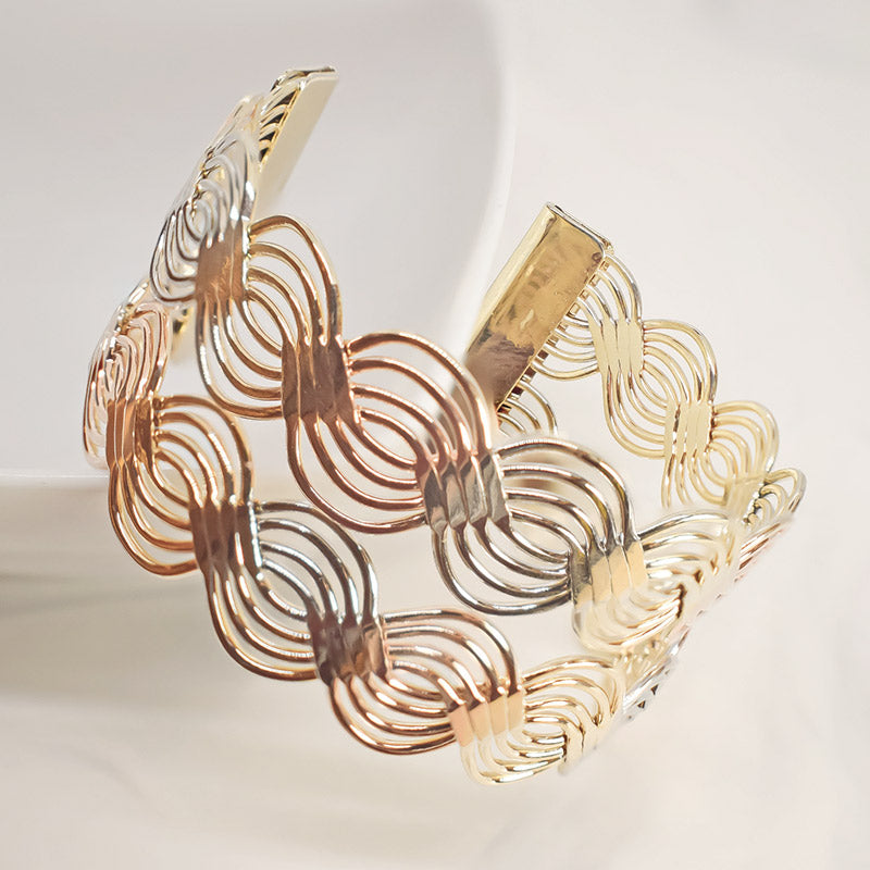 Brazalete Tejido Entrelazado Tres Oros Grosor 3,5cm - Baño 18K