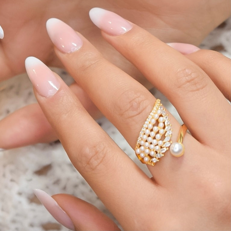 Anillo Orgánico Perlas y Zircones - Baño Oro 18K