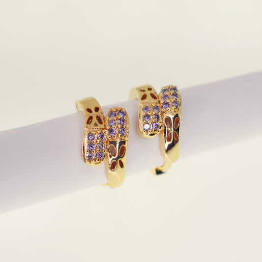 Aretes Cristales Lila Floral Tipo Candonga - Baño Oro 18K